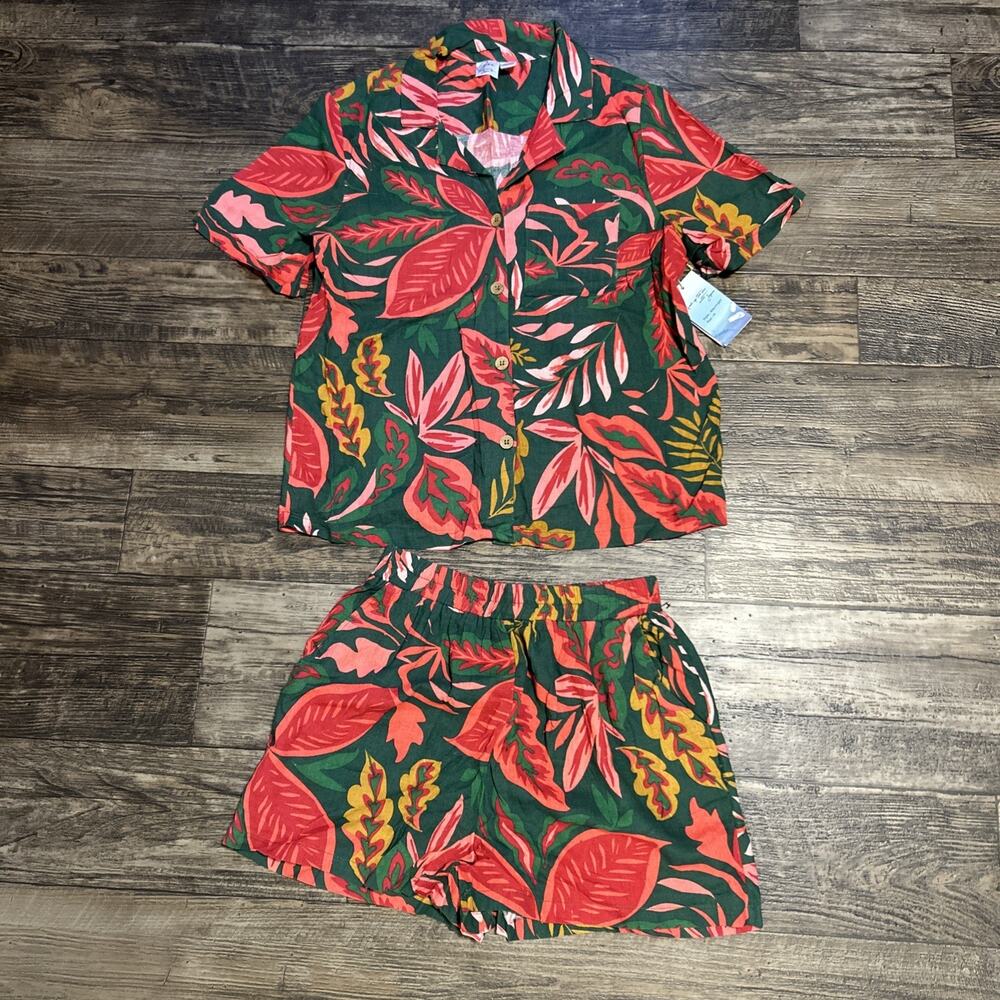 Tropical Leaf Short Set - Coral & Green